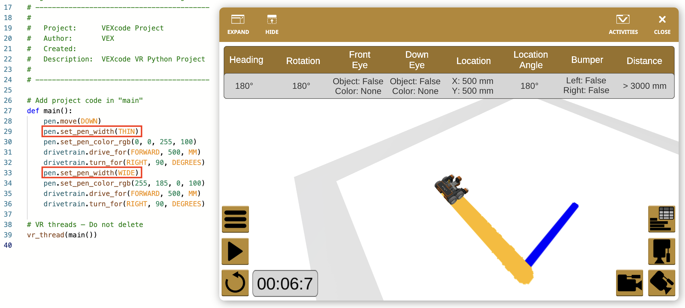 Captura de tela da interface do VEXcode VR destacando os recursos do robô, exibindo opções de codificação baseadas em blocos e texto para programar um robô virtual em um ambiente simulado.