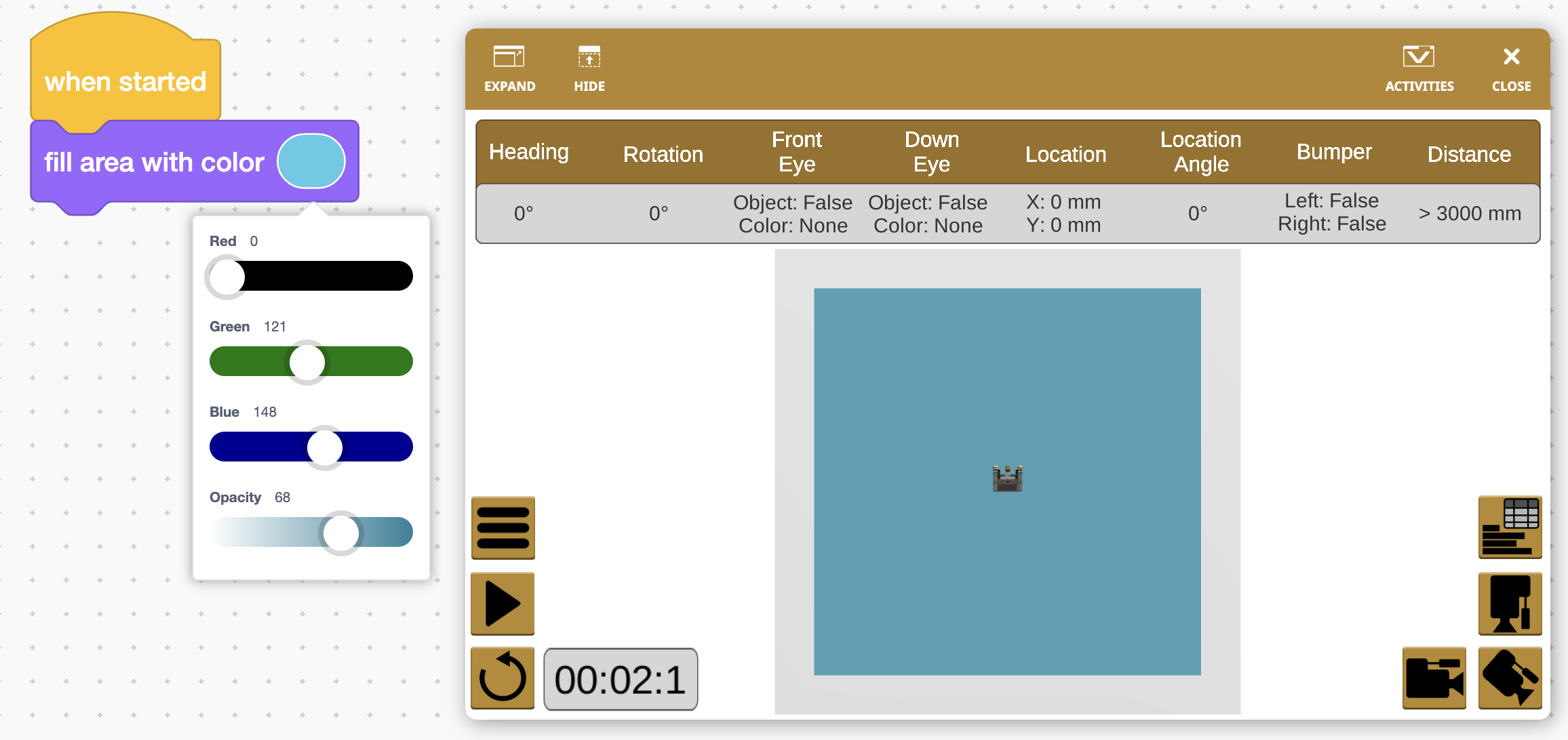 Captura de tela da interface do VEXcode VR mostrando vários recursos do robô, incluindo opções de codificação baseadas em blocos, um robô virtual e ferramentas para testar e depurar código em um ambiente simulado para fins educacionais.