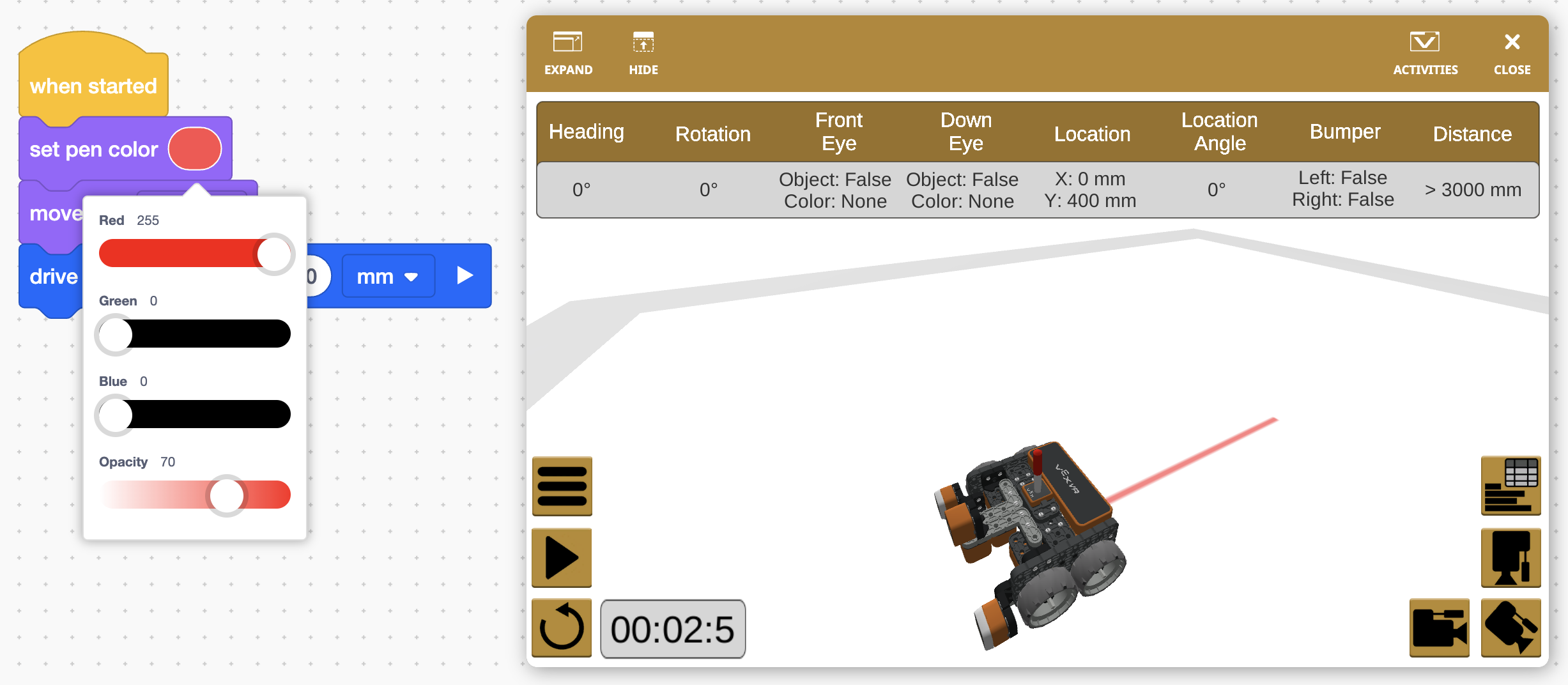 Captura de pantalla de la interfaz VR de VEXcode que muestra las características del robot, incluidos bloques de programación y opciones para codificar en un entorno virtual diseñado para aprender conceptos STEM.