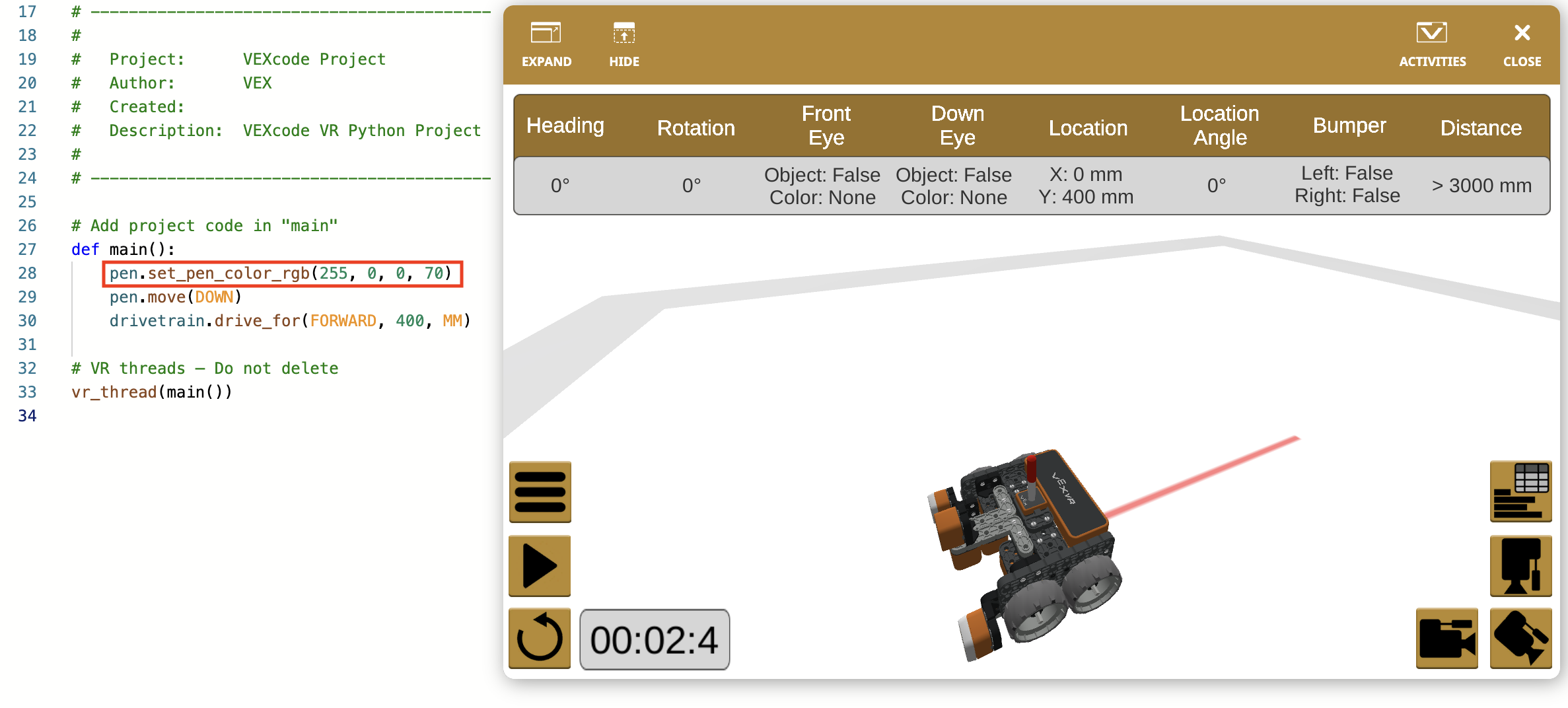 Captura de pantalla de la interfaz VEXcode VR que muestra características del robot, incluido un modelo de robot virtual, bloques de programación y opciones de codificación, diseñadas para ayudar a los usuarios a aprender conceptos de codificación en un entorno simulado.