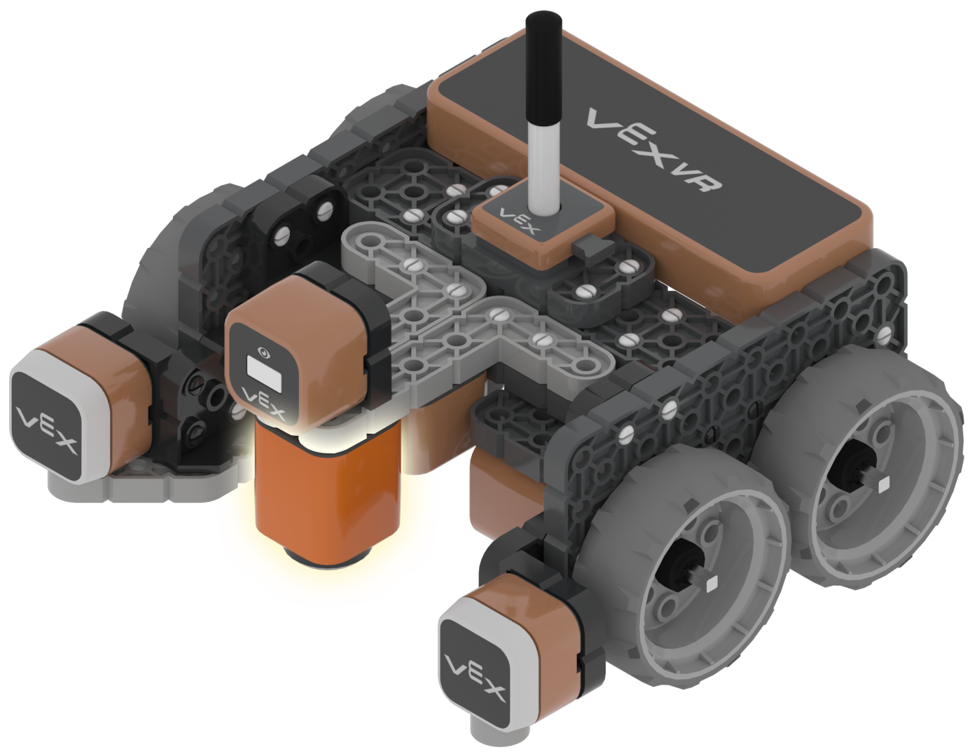 VEXcode VR ロボットの機能を示す図。コーディングの概念とロボット工学の原理を学習するために設計されたオンライン プログラミング環境内でのコンポーネントと機能を強調しています。