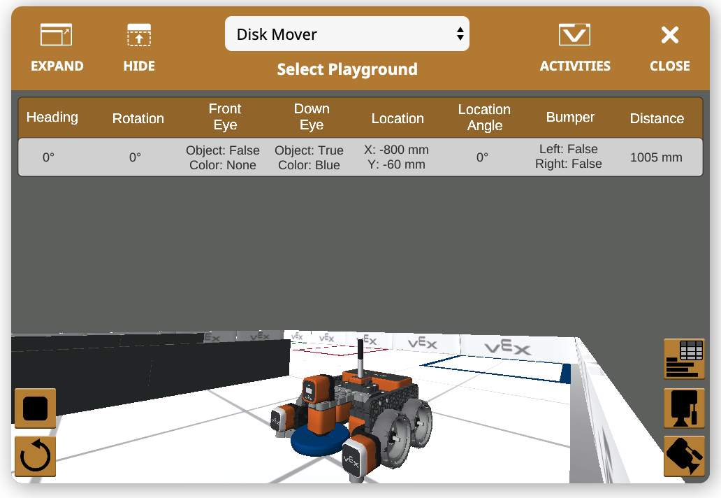 Ilustrasi fitur robot VEXcode VR, memamerkan robot virtual dengan berbagai komponen dan antarmuka pengkodean, menyoroti penggunaannya dalam pengajaran konsep pengkodean dan prinsip robotika dalam lingkungan pendidikan.