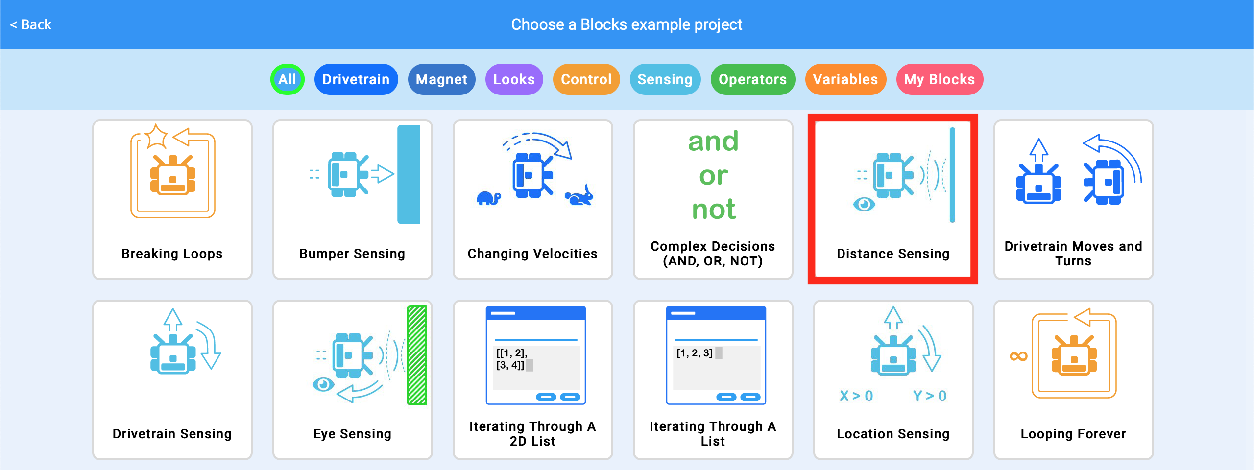 Captura de tela da interface VEXcode VR exibindo uma tela de seleção de projeto de exemplo, ilustrando o ambiente de codificação baseado em blocos usado para programar um robô virtual, relevante para solucionar problemas de codificação.