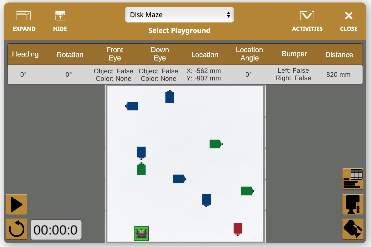 Screenshot dell'interfaccia VR di VEXcode che mostra un nuovo playground caricato, che illustra l'ambiente virtuale del robot per attività di codifica e programmazione, utili per la risoluzione dei problemi di codifica.