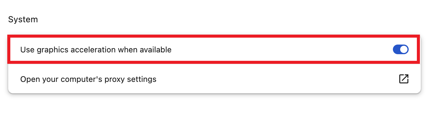Das Bild zeigt einen Abschnitt eines Einstellungsmenüs unter „System“ mit der rot umrandeten Option „Grafikbeschleunigung verwenden, wenn verfügbar“. Der Kippschalter für diese Option ist auf „Ein“ gestellt, was bedeutet, dass die Grafikbeschleunigung aktiviert ist.