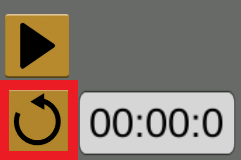 O canto inferior esquerdo do VEXcode VR Playground, onde existe um botão de reprodução dourado acima de um botão de reset dourado contornado a vermelho, acompanhado por um temporizador digital que exibe 00:00:0 contra um fundo cinzento.