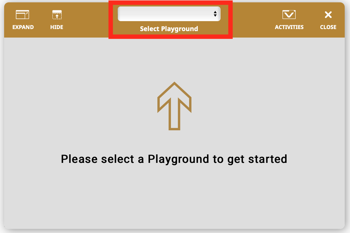 Screenshot der VEXcode VR-Schnittstelle, der das Dropdown-Menü zur Playground-Auswahl zeigt und zur Fehlerbehebung bei Codierungsproblemen in der virtuellen Roboterprogrammierumgebung verwendet wird.