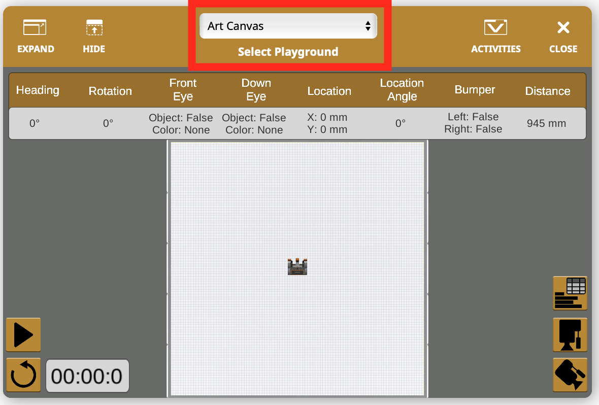 Screenshot eines Dropdown-Menüs in VEXcode VR, das Optionen zum Ändern der Playground-Einstellungen zeigt, die zur Fehlerbehebung bei Codierungs- und Simulationsproblemen in der Online-Programmierumgebung verwendet werden.