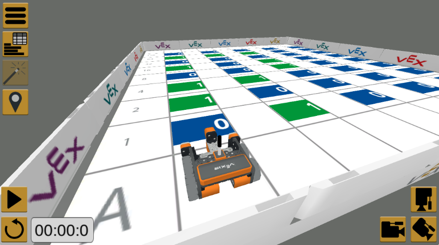 Az Encoded Message játszótér, amely bemutatja a VEXcode VR robotot az alapértelmezett helyéről indulva. A Játszótér padlója az alapértelmezett fehér, csempézett megjelenés.