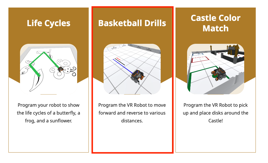 कोडिंग ब्लॉक और एक आभासी रोबोट को प्रदर्शित करने वाले VEXcode VR इंटरफ़ेस का स्क्रीनशॉट, शैक्षिक गतिविधियों में कोडिंग अवधारणाओं और रोबोटिक्स सिद्धांतों को सीखने के लिए प्रोग्रामिंग वातावरण को दर्शाता है।