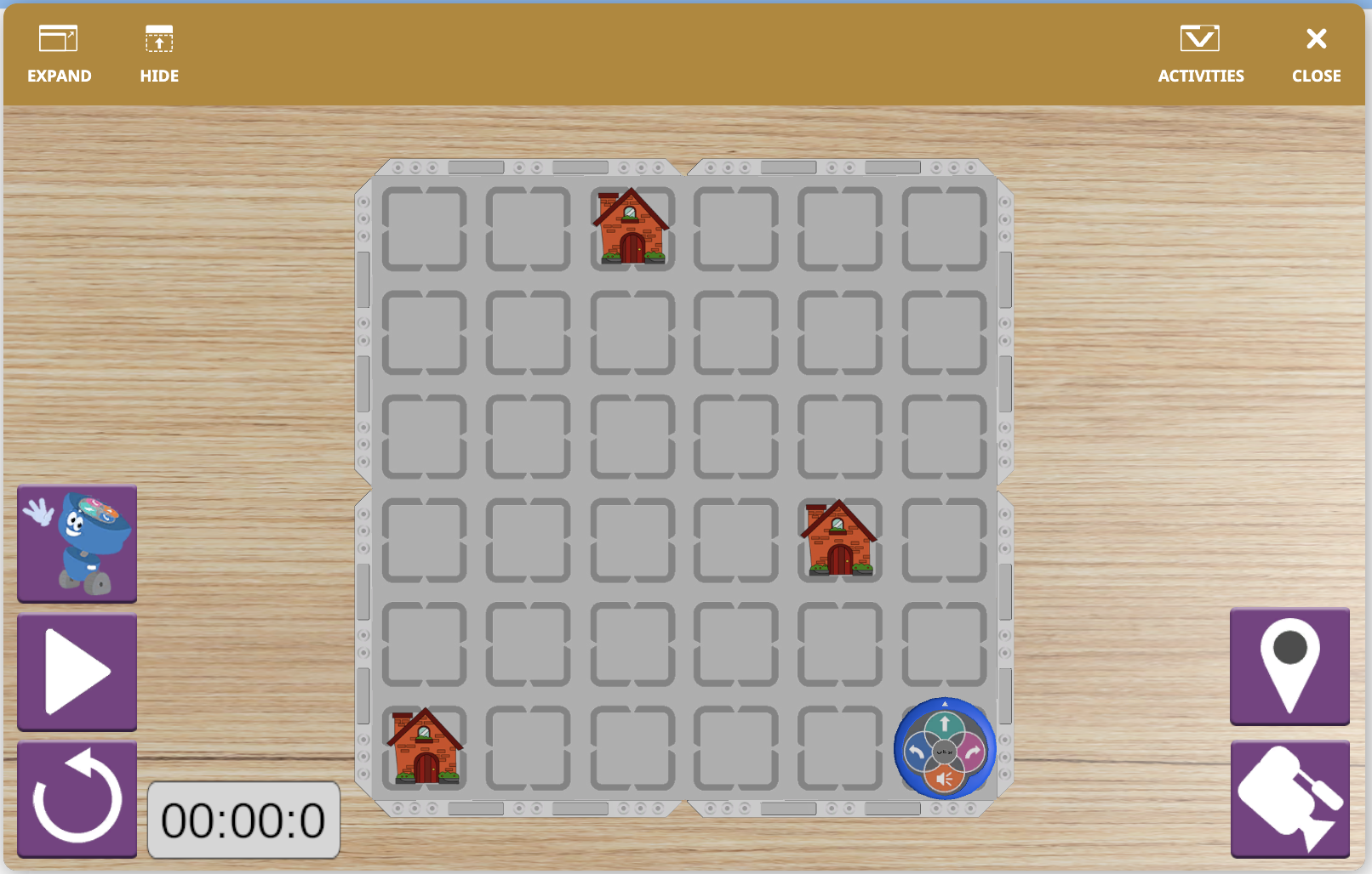 Screenshot van de VEXcode VR 123 Playspace-interface, met een virtuele robot en codeblokken, ontworpen voor het onderwijzen van codeconcepten in een educatieve omgeving.