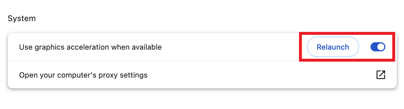 На зображенні показано розділ меню налаштувань у розділі «Система», де ввімкнено параметр «Використовувати прискорення графіки, коли воно доступне». Перемикач увімкнено, а кнопка «Перезапустити» позначена червоним контуром, що вказує на те, що зміни потребують перезапуску програми.