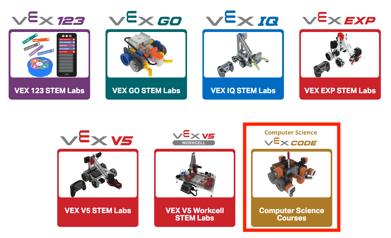 Captura de tela da interface do VEXcode VR mostrando um ambiente de codificação baseado em blocos com vários blocos de codificação e um robô virtual, ilustrando os recursos da plataforma para ensinar conceitos de codificação e princípios de robótica.