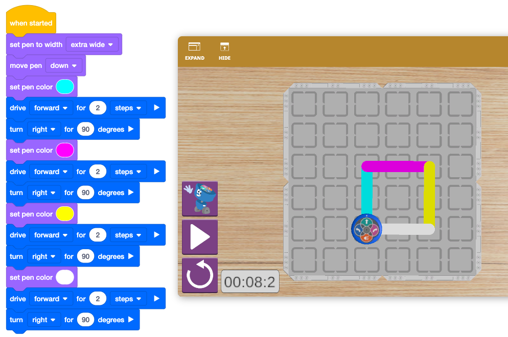 Captura de tela da interface do VEXcode VR 123 Playspace, mostrando um ambiente de codificação baseado em blocos para programar um robô virtual, projetado para facilitar o aprendizado em codificação e robótica para estudantes e educadores.