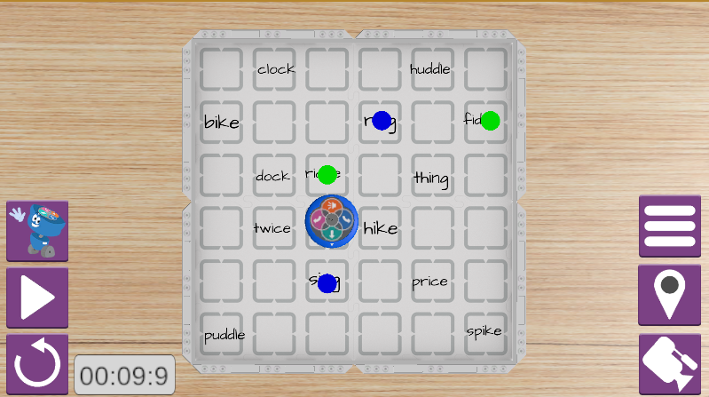 123 Playspace VEXcode VR ekrano kopija, kurioje demonstruojama virtuali roboto aplinka su blokine kodavimo sąsaja, skirta naudotojams išmokti kodavimo sąvokų ir įsitraukti į STEM mokymą.