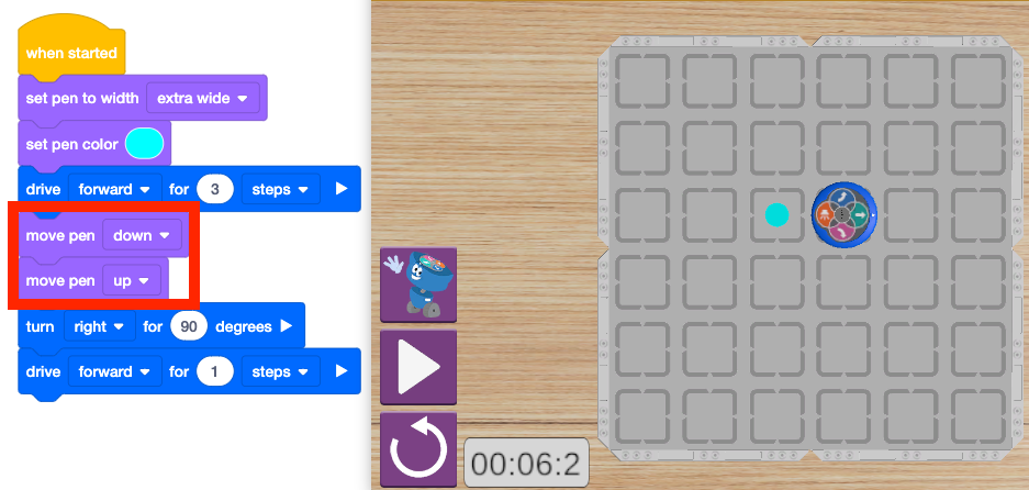 VEXcode VR 123 প্লেস্পেস ইন্টারফেসের স্ক্রিনশট, একটি ভার্চুয়াল রোবট প্রোগ্রামিং করার জন্য ডিজাইন করা ব্লক-ভিত্তিক কোডিং পরিবেশ প্রদর্শন করে, ব্যবহারকারীদের তাদের কোড তৈরি এবং পরীক্ষা করার জন্য বিভিন্ন কোডিং সরঞ্জাম এবং বিকল্পগুলি দৃশ্যমান।