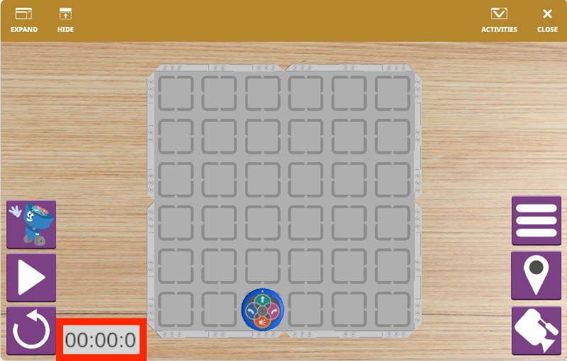 Captura de pantalla de 123 Playspace en VEXcode VR, que muestra un entorno de robot virtual diseñado para la práctica de codificación, con una interfaz basada en bloques y herramientas para probar y depurar código.