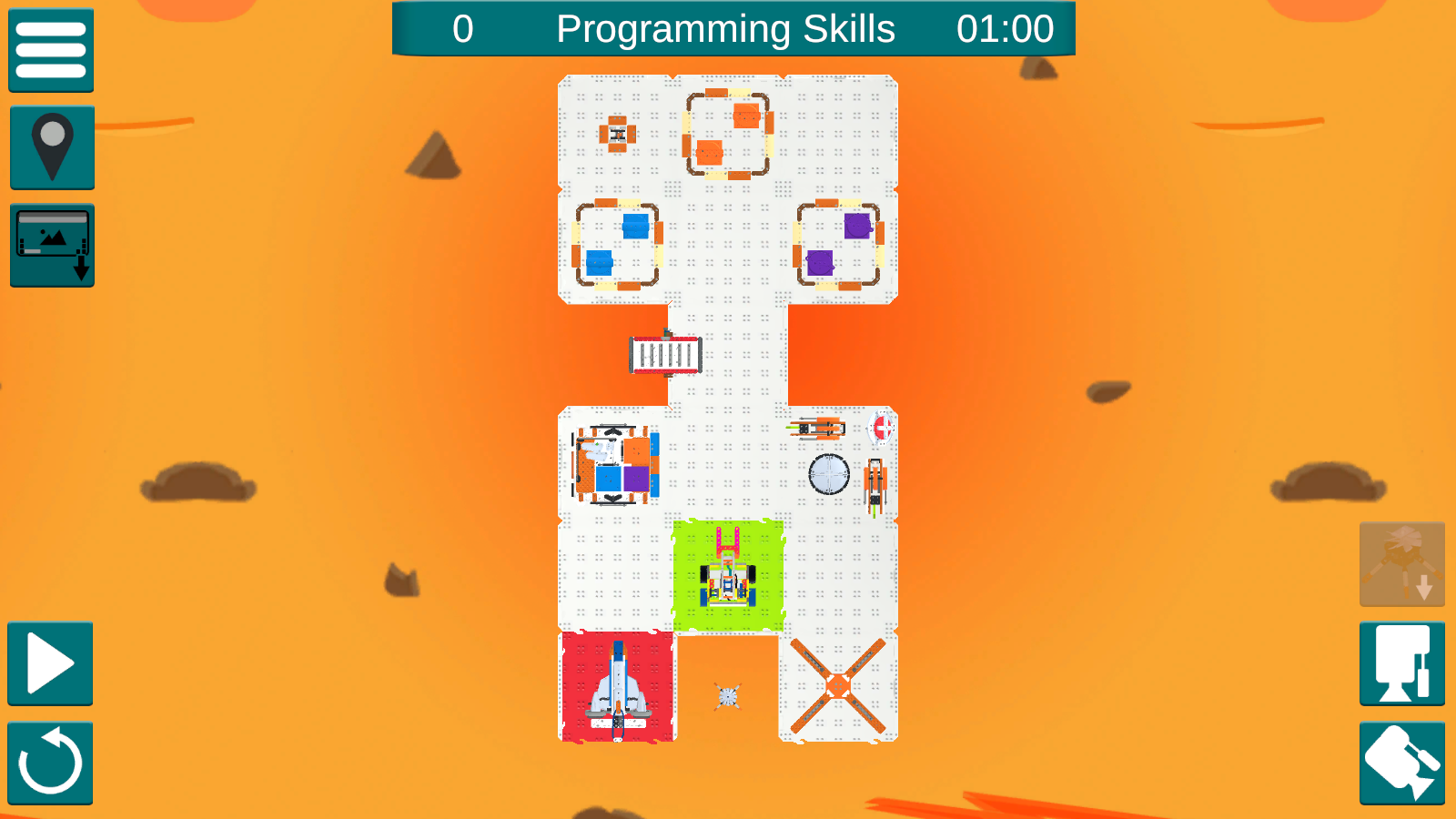 Screenshot dell'interfaccia VR di VEXcode che mostra la Mars Math Expedition GO Competition, caratterizzata da un robot virtuale ed elementi di codifica basati su blocchi progettati per scopi didattici nell'apprendimento STEM.