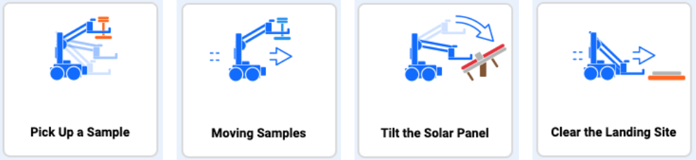 Captura de tela da interface do VEXcode VR mostrando o ambiente de programação para a Competição GO – Mars Math Expedition, apresentando opções de codificação baseadas em blocos e um robô virtual para atividades educacionais STEM.