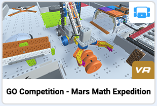 Screenshot van de VEXcode VR-interface met de Mars Math Expedition-uitdaging, met een virtuele robot en op blokken gebaseerde codeerelementen, ontworpen om codeerconcepten in STEM-onderwijs te onderwijzen.