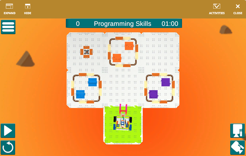 Captura de tela da interface do VEXcode VR mostrando o ambiente de programação para a Competição GO – Mars Math Expedition, apresentando opções de codificação baseadas em blocos e um robô virtual para atividades educacionais STEM.
