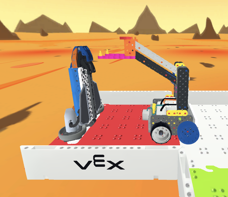 „VEXcode VR“ sąsajos ekrano kopija, kurioje demonstruojamas „Mars Math Expedition“ iššūkis, kuriame yra virtualus robotas ir blokų kodavimo elementai, sukurti mokymosi STEM tikslais.