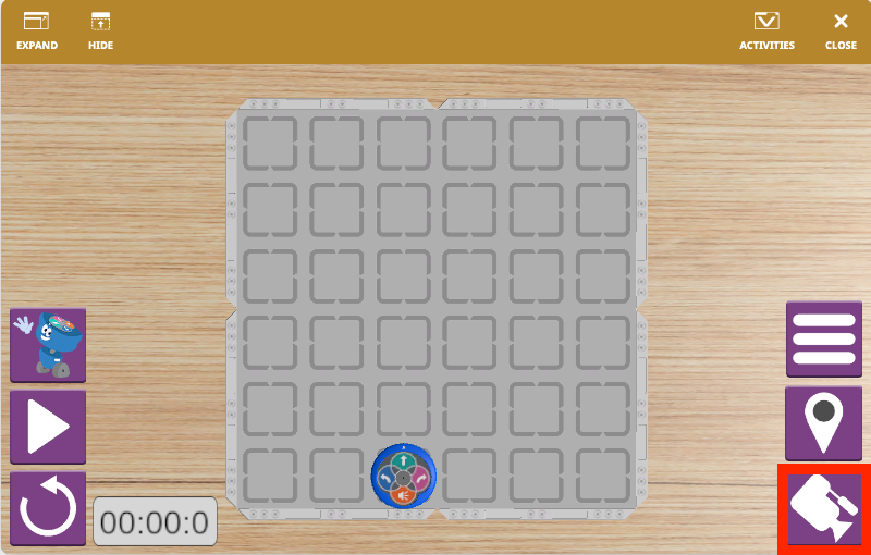 Captura de pantalla de la interfaz VEXcode VR 123 Playspace, que muestra el entorno de robot virtual donde los usuarios pueden crear y probar código utilizando una interfaz de codificación basada en bloques, diseñada con fines educativos en el aprendizaje STEM.