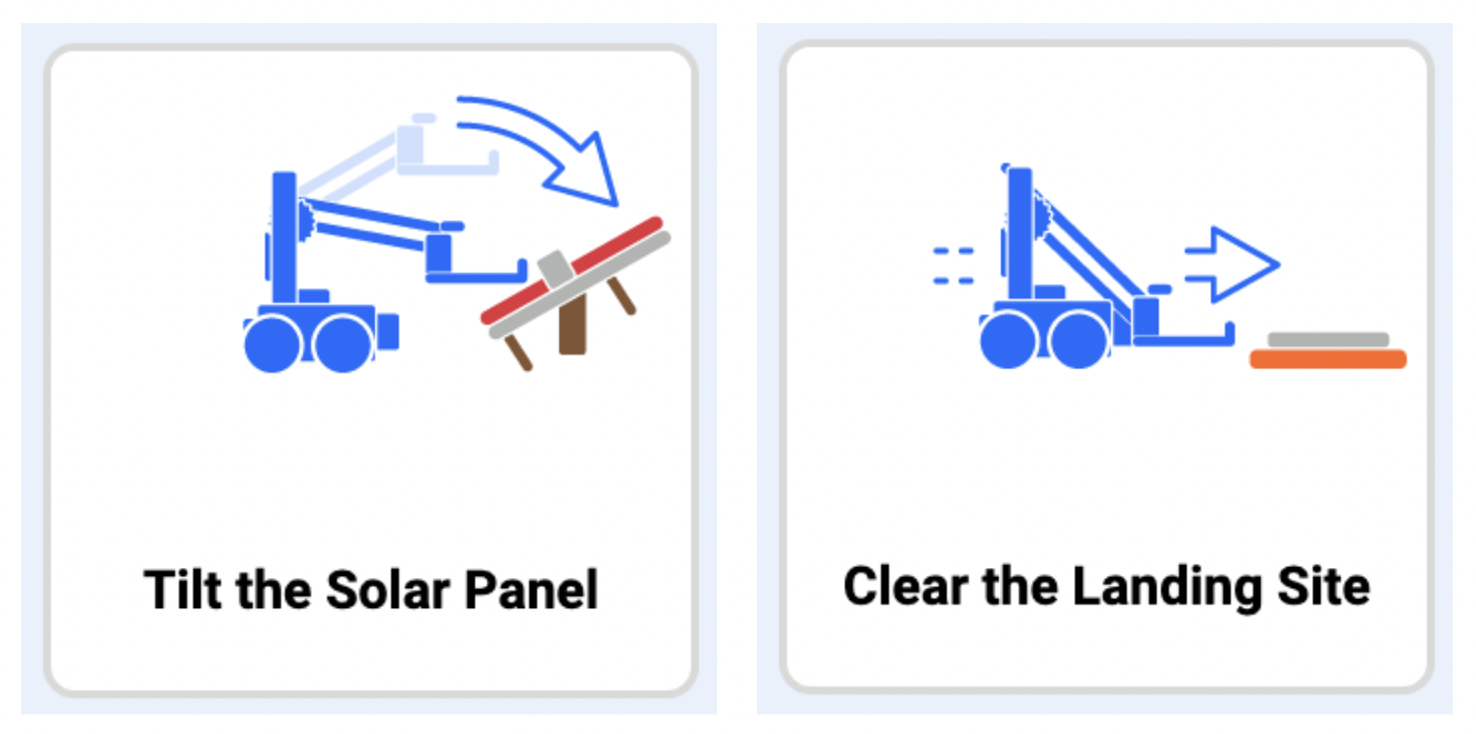 Captura de tela da interface do VEXcode VR mostrando o desafio Mars Math Expedition, apresentando um robô virtual e um ambiente de codificação baseado em blocos projetado para que os alunos aprendam conceitos de codificação e resolvam problemas na educação STEM.