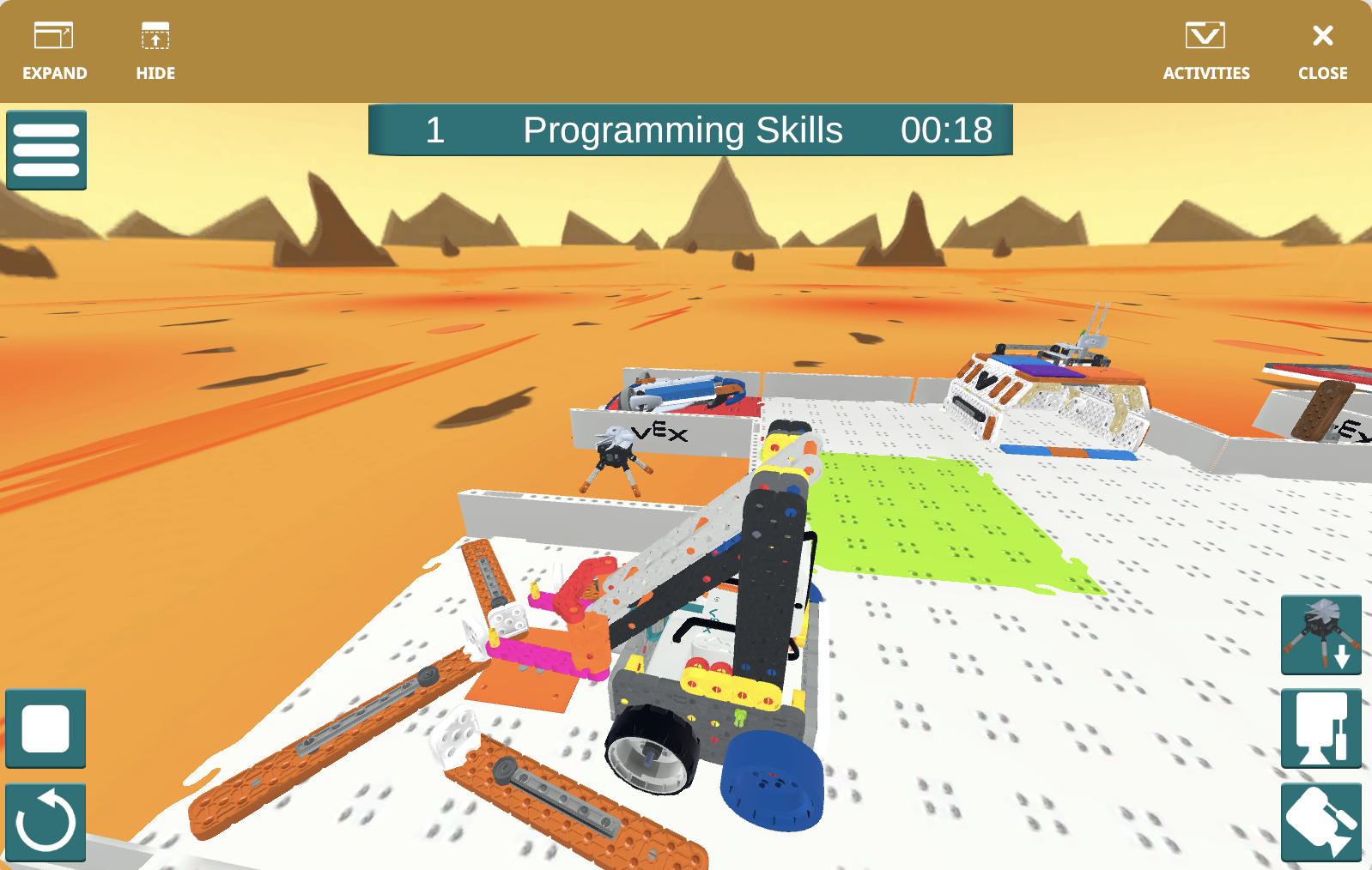 ภาพหน้าจอของอินเทอร์เฟซ VEXcode VR ที่แสดงความท้าทาย Mars Math Expedition ซึ่งประกอบด้วยหุ่นยนต์เสมือนจริงและองค์ประกอบการเขียนโค้ดแบบบล็อก ออกแบบมาเพื่อสอนแนวคิดการเขียนโค้ดและการแก้ปัญหาในการศึกษา STEM