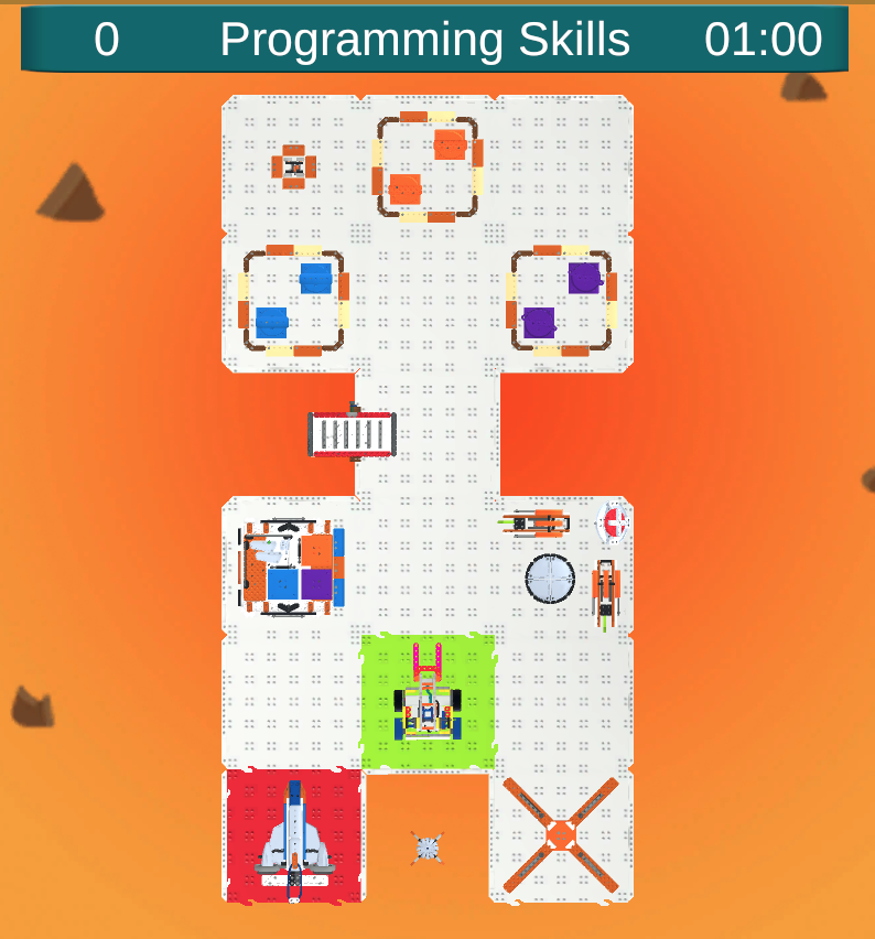 ภาพหน้าจอของอินเทอร์เฟซ VEXcode VR ที่แสดงสภาพแวดล้อมการเขียนโปรแกรมสำหรับ GO Competition – Mars Math Expedition ซึ่งนำเสนอตัวเลือกการเขียนโค้ดแบบบล็อกและหุ่นยนต์เสมือนจริงสำหรับกิจกรรมการเขียนโค้ดทางการศึกษา