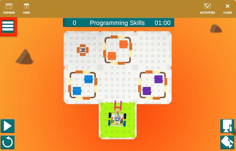 Snímek obrazovky rozhraní VEXcode VR předvádějící programovací prostředí pro soutěž GO Competition – Mars Math Expedition s blokovým rozložením kódování a ovládacími prvky virtuálních robotů pro kódování a ladění činností.