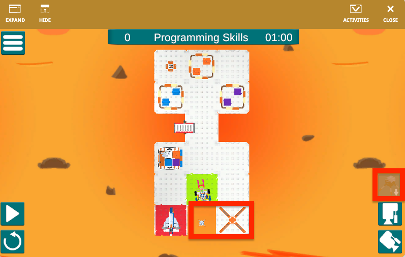 Tangkapan layar antarmuka VEXcode VR yang menampilkan tantangan Ekspedisi Matematika Mars, menampilkan elemen pengkodean berbasis blok dan robot virtual dalam lingkungan simulasi untuk pemrograman pendidikan.