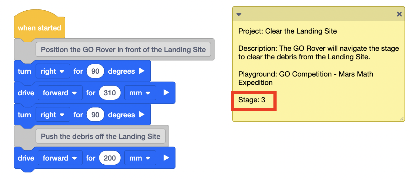 Ảnh chụp màn hình giao diện VEXcode VR hiển thị thử thách lập trình GO Competition – Mars Math Expedition, bao gồm các thành phần lập trình dạng khối và một robot ảo trong môi trường mô phỏng.
