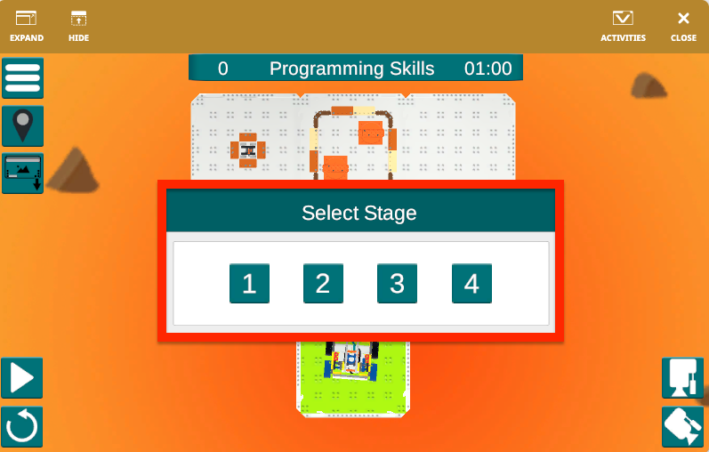 VEXcode VR ইন্টারফেসের স্ক্রিনশট যা মঙ্গল গ্রহের গণিত অভিযানের চ্যালেঞ্জ প্রদর্শন করে, এতে একটি ভার্চুয়াল রোবট এবং কোডিং ব্লক রয়েছে, যা একটি STEM শিক্ষাগত প্রেক্ষাপটে কোডিং ধারণা এবং সমস্যা সমাধান শেখানোর জন্য ডিজাইন করা হয়েছে।