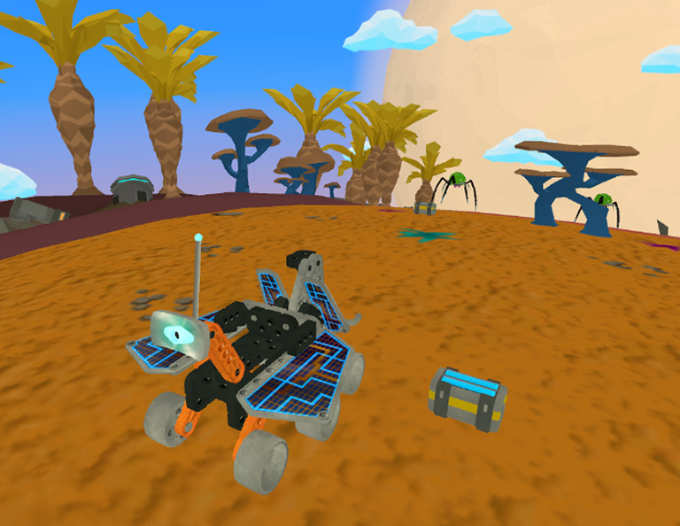 VEXcode VR の Rover Rescue アクティビティのスクリーンショット。教育目的でシミュレートされた環境で仮想ロボットを制御するために設計されたプログラミング ブロックを備えたブロックベースのコーディング インターフェイスを紹介します。