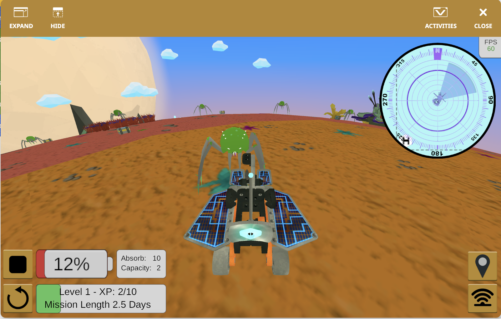 VEXcode VR Rover Rescue iššūkio ekrano kopija, kurioje demonstruojama virtuali roboto sąsaja ir kodavimo blokai, naudojami kliūtims naršyti ir užduotims atlikti imituotoje aplinkoje.