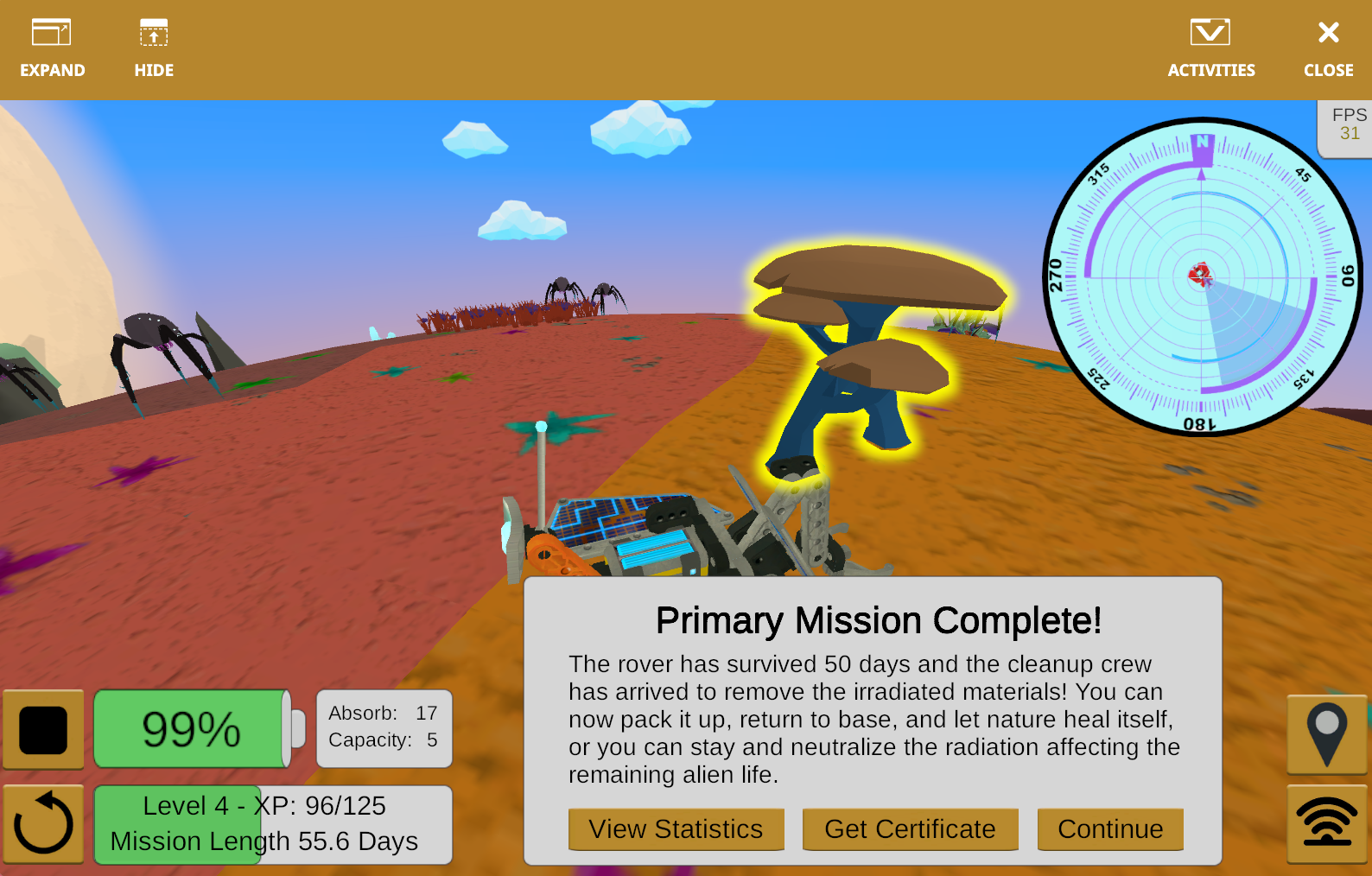 Captura de pantalla de la interfaz VR de VEXcode que muestra el desafío de programación 'Rover Rescue', que presenta un diseño de codificación basado en bloques y un robot virtual, diseñado para enseñar conceptos de codificación y habilidades de resolución de problemas en un contexto educativo STEM.