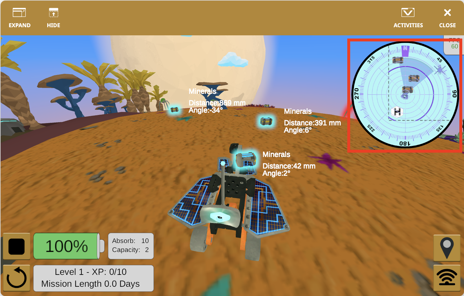 Captura de tela da interface VEXcode VR mostrando o projeto 'Rover Rescue', apresentando um robô virtual e elementos de codificação baseados em blocos projetados para fins educacionais em aprendizagem STEM.