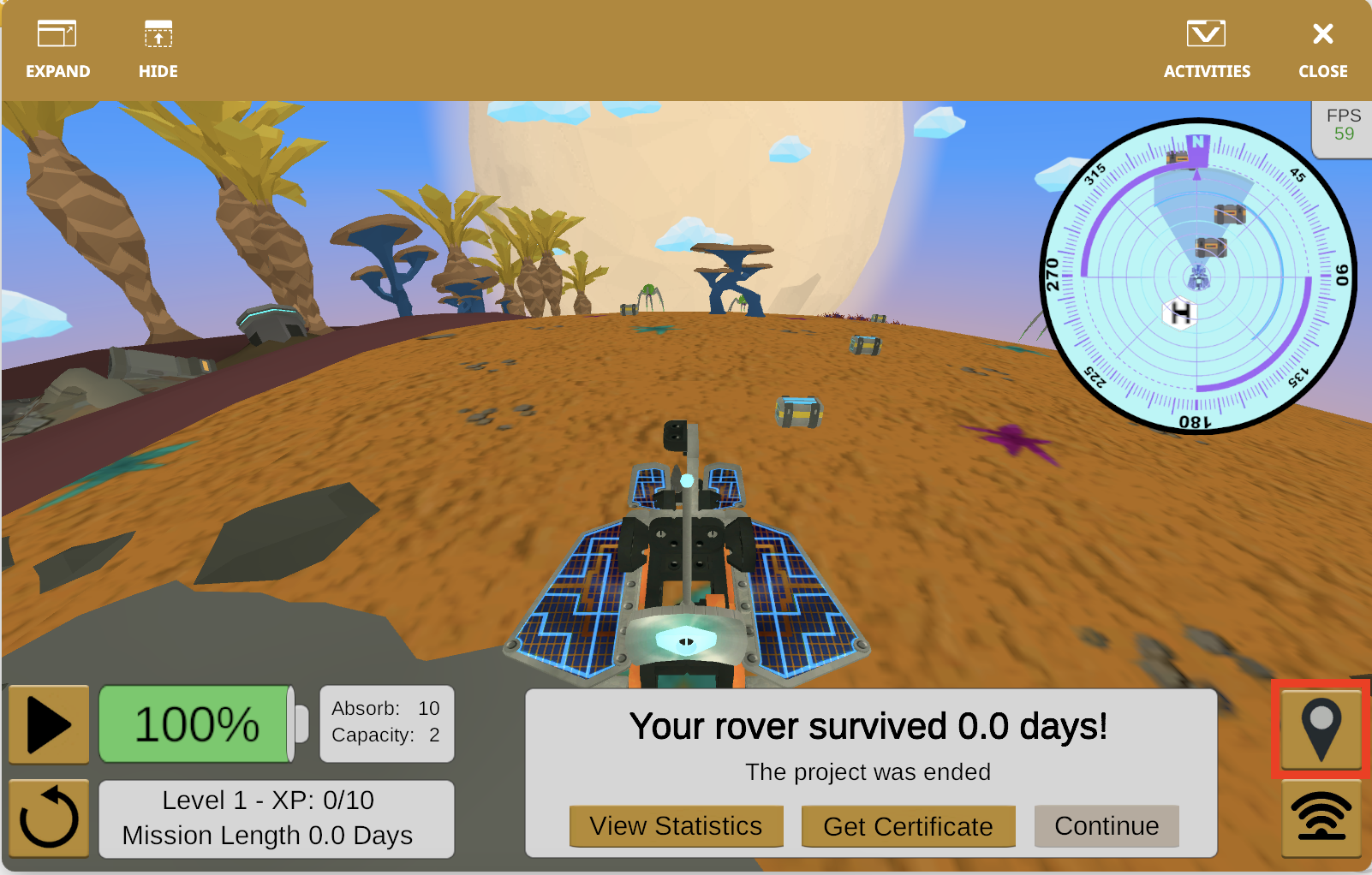 STEM öğreniminde eğitim amaçlı tasarlanmış sanal bir robot ve blok tabanlı kodlama öğelerini içeren Rover Kurtarma programlama yarışmasını gösteren VEXcode VR arayüzünün ekran görüntüsü.