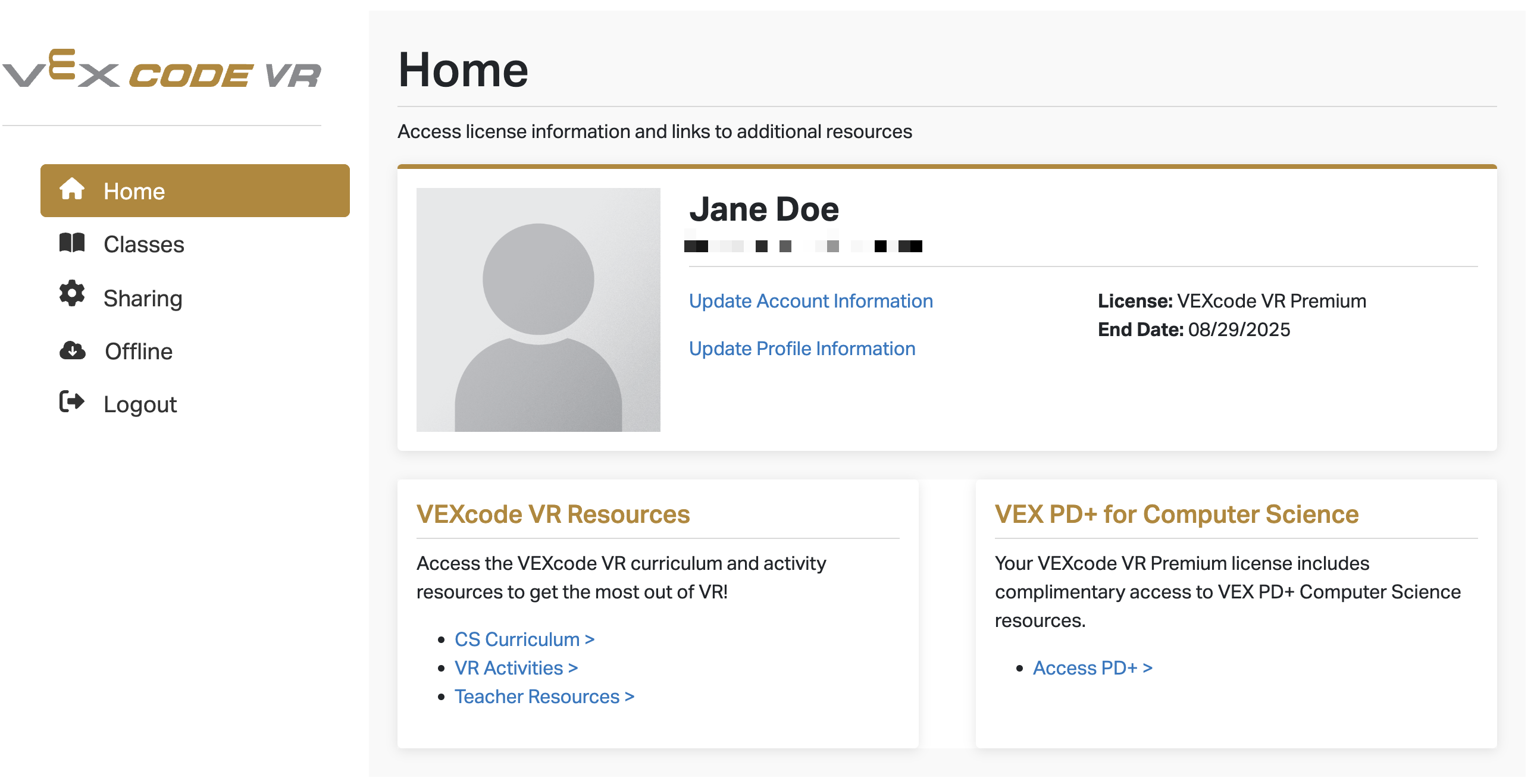 Portal Admin VEXcode VR. Menu pilihan ada di sisi kiri dan sisi kanan menunjukkan profil pengguna.