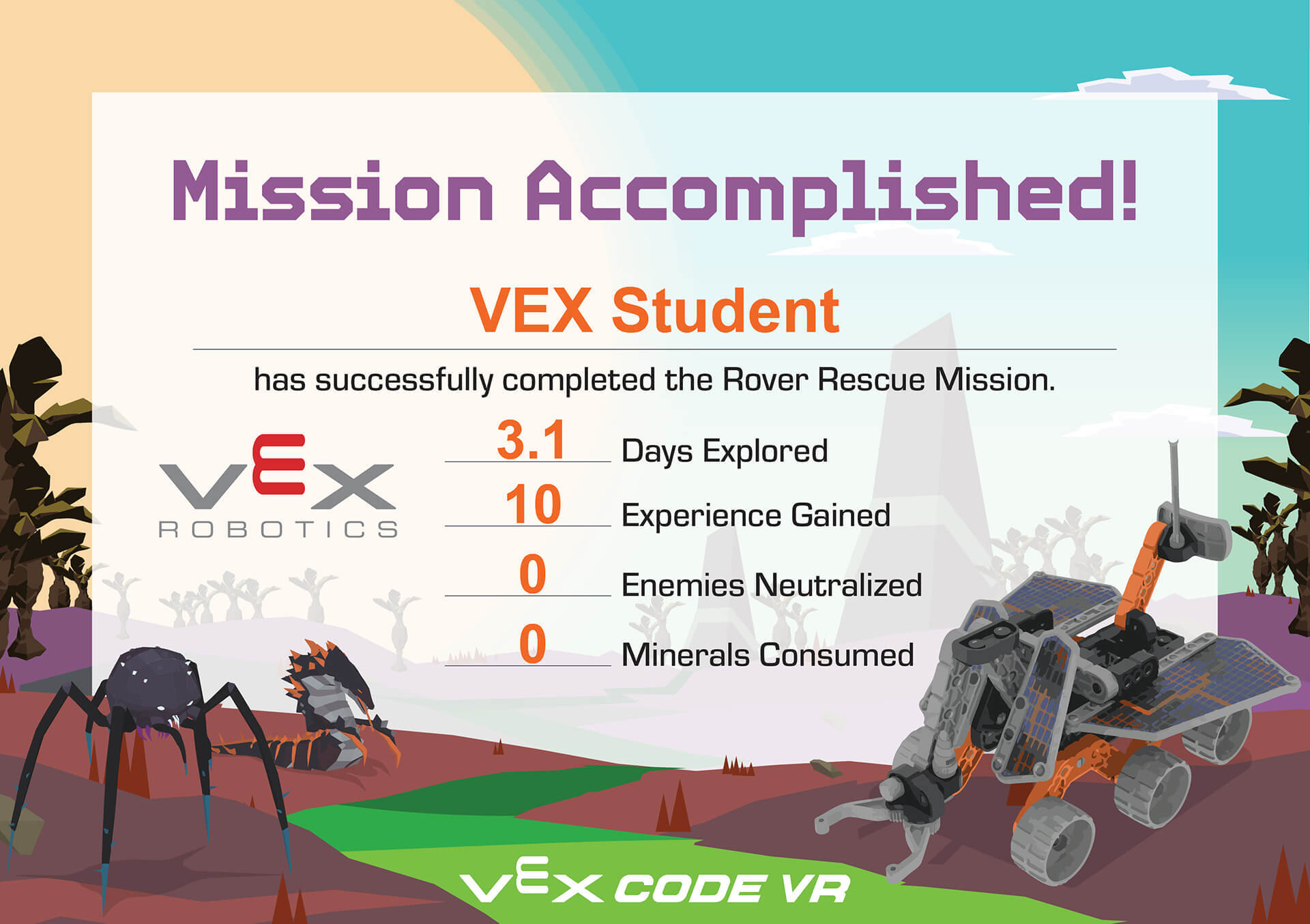 Ảnh chụp màn hình giao diện VEXcode VR hiển thị thử thách lập trình 'Rover Rescue', có bố cục mã hóa theo khối và một robot ảo điều hướng nhiệm vụ giải cứu trong môi trường mô phỏng.