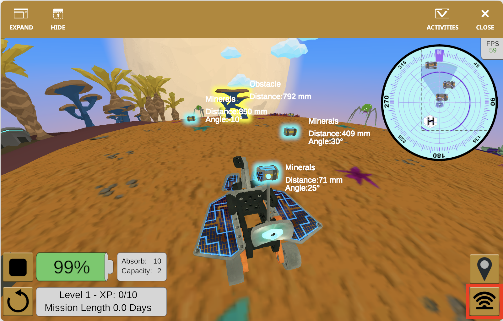 Tangkapan layar antarmuka VEXcode VR yang menampilkan tantangan Rover Rescue, menampilkan robot virtual yang menavigasi rintangan dalam lingkungan simulasi, mendemonstrasikan konsep pengkodean untuk pendidikan STEM.