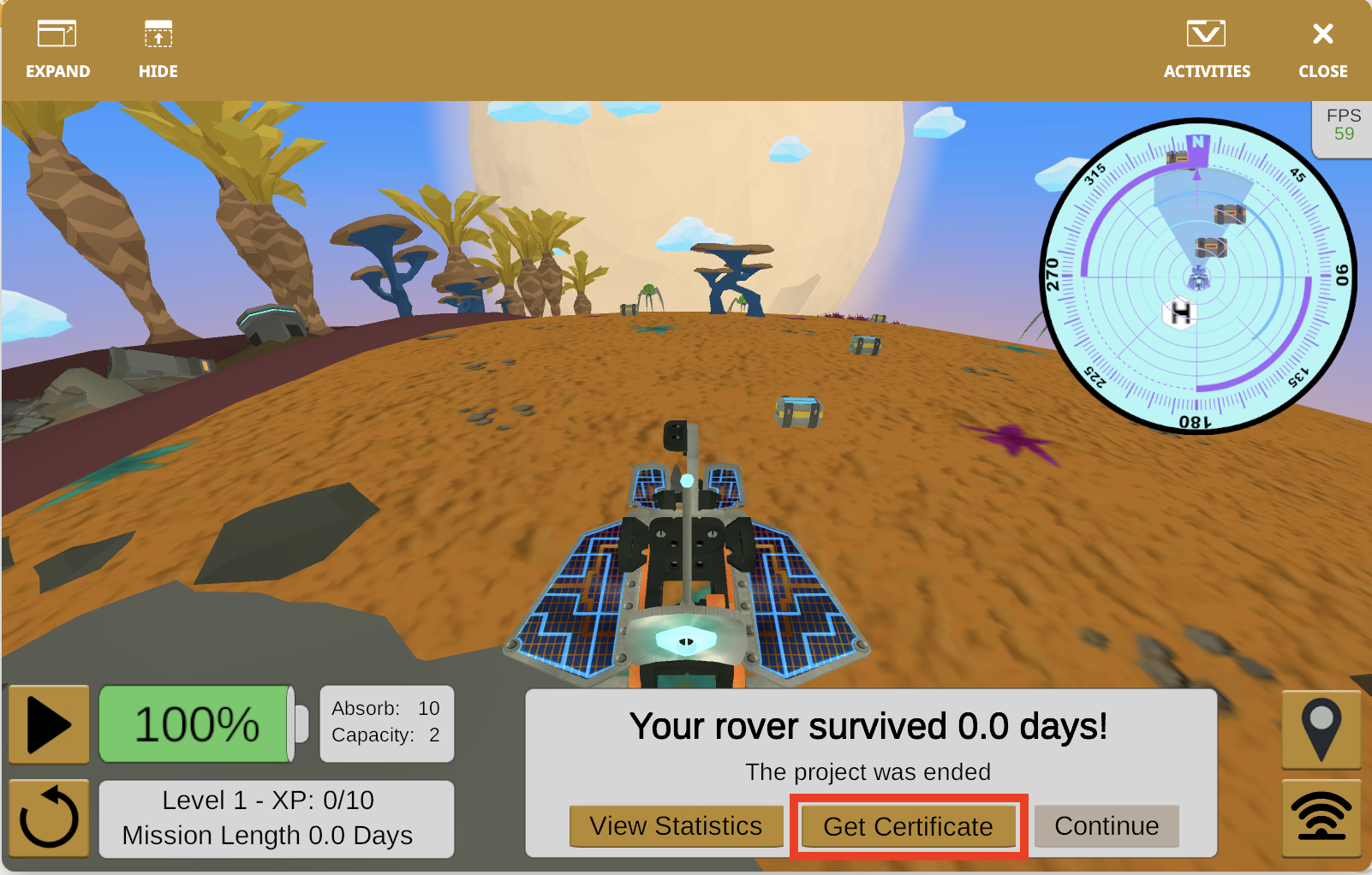 Näyttökaappaus VEXcode VR -liittymästä, jossa näkyy "Rover Rescue" -ohjelmointihaaste, jossa on lohkopohjainen koodausasettelu, jonka avulla käyttäjät voivat ohjata virtuaalirobottia simuloidussa ympäristössä.