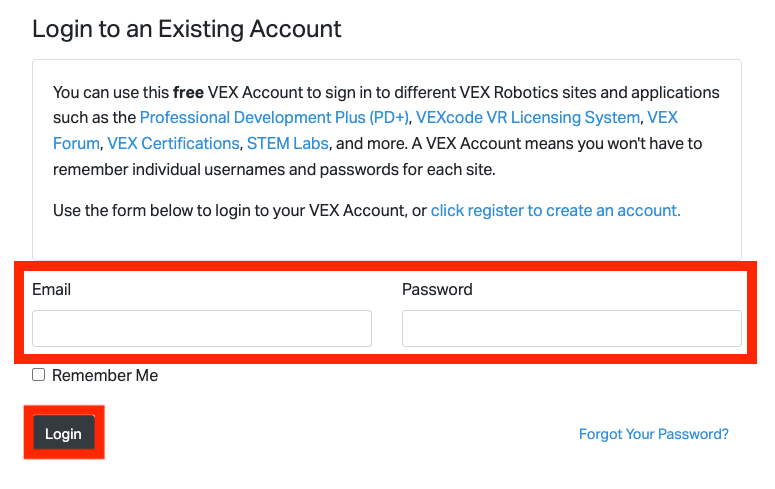 Menu di accesso per VEX. Vengono visualizzate caselle di testo vuote per e-mail e password.
