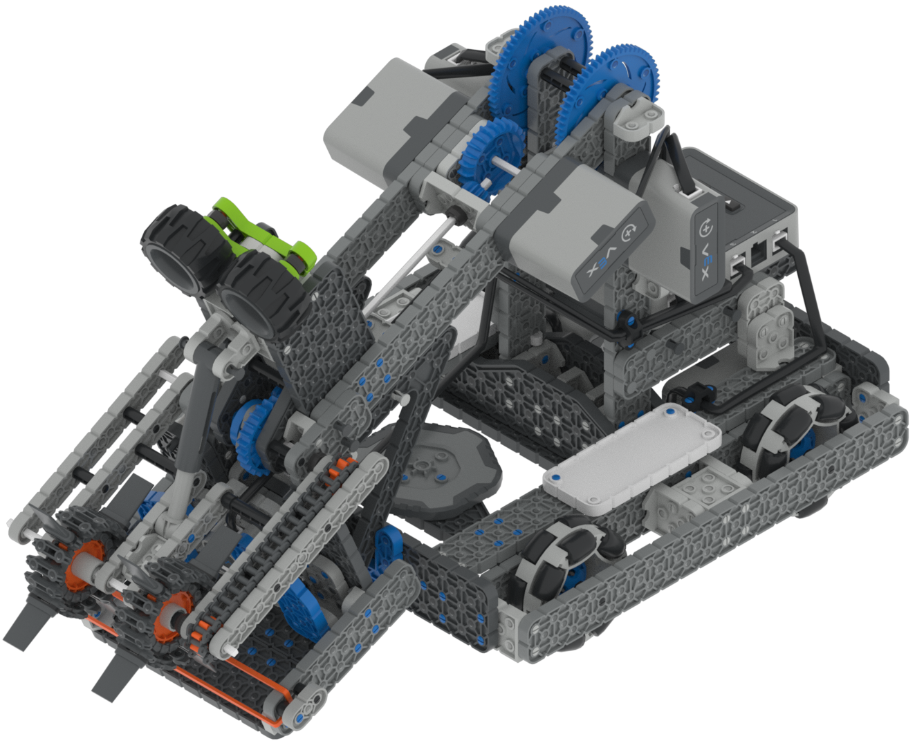 Interfaz de realidad virtual VEXcode que muestra el entorno de programación VIQC Full Volume (2023-2024) y muestra opciones de codificación basadas en bloques y texto para la programación de robots virtuales en la educación STEM.