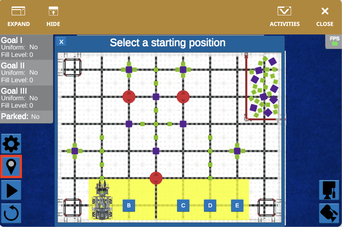 Screenshot van de VEXcode VR-interface met de VIQC Full Volume (2023-2024) programmeeromgeving, waarin op blokken gebaseerde coderingsopties worden getoond waarmee gebruikers coderingsconcepten en roboticaprincipes in een virtuele omgeving kunnen leren.