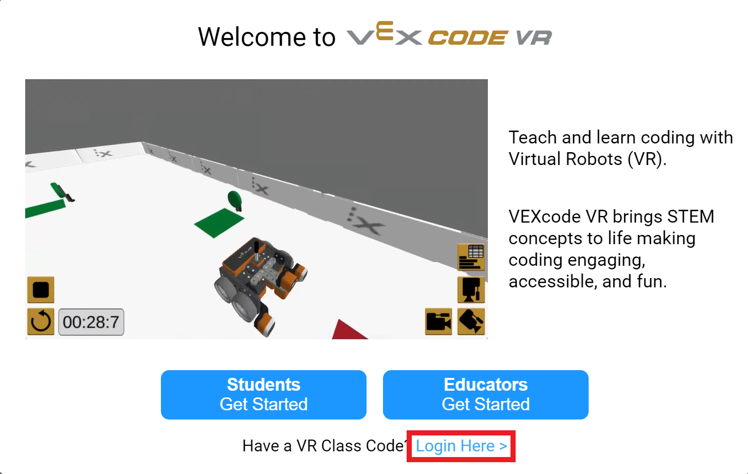VEXcode VR apmācības interfeisa ekrānuzņēmums, kurā parādīta uz blokiem balstīta kodēšanas vide virtuālā robota programmēšanai, kas izstrādāta, lai atvieglotu mācīšanos STEM izglītībā.