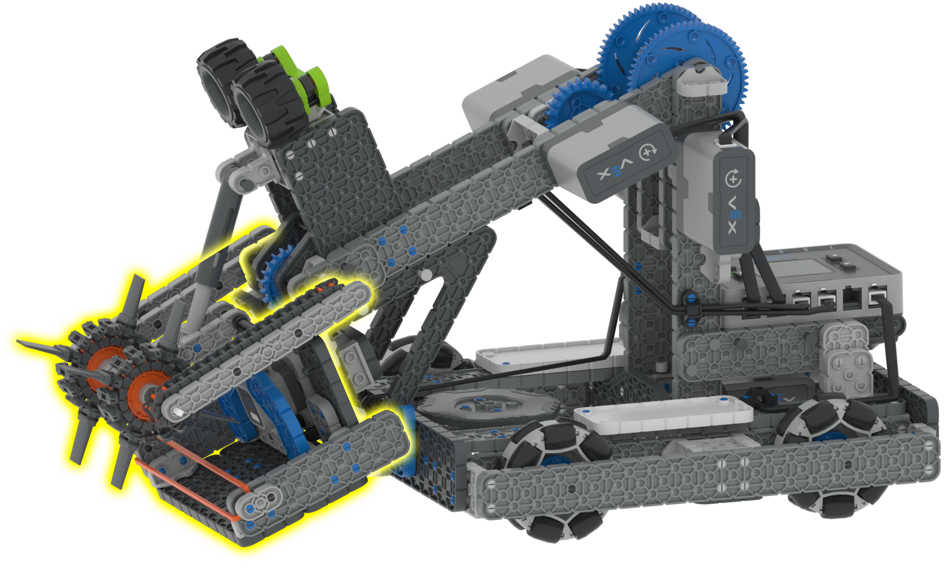 Diagram znázorňující VIQC Full Volume pro sezónu 2023-2024 ve VEXcode VR, ukazující schopnosti virtuálního robota a programovací prostředí navržené pro učení konceptů kódování a principů robotiky.