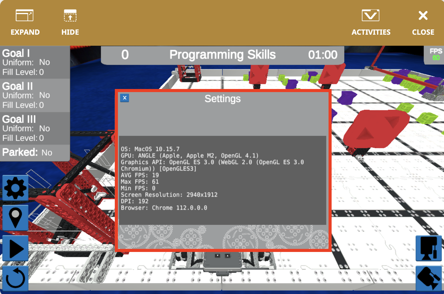 VEXcode VR'da 2023-2024 sezonu için VIQC Tam Hacmini gösteren diyagram, eğitim bağlamında sanal robotların programlanması için boyutları ve düzeni göstermektedir.