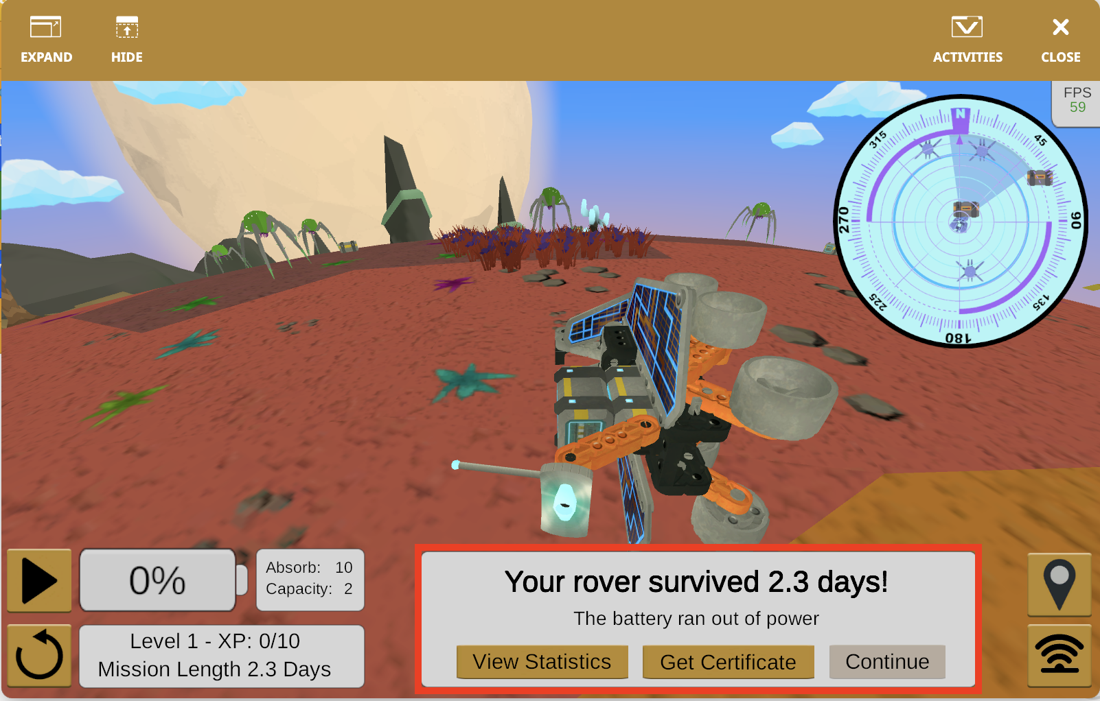 Tangkapan layar antarmuka VEXcode VR yang menampilkan tantangan Rover Rescue, menampilkan robot virtual dan lingkungan pengkodean berbasis blok yang dirancang untuk mengajarkan konsep pengkodean dan prinsip robotika.